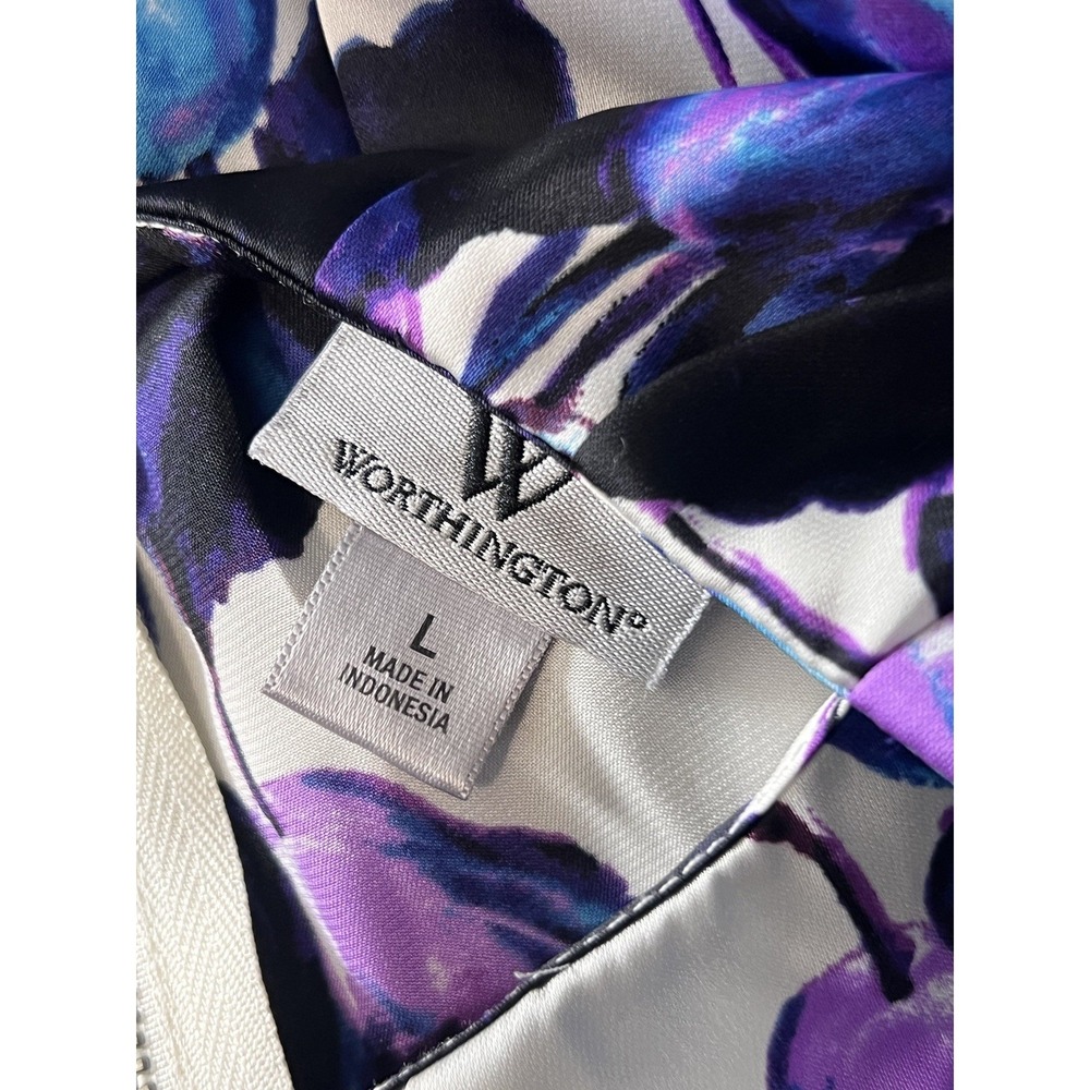 Worthington White Purple Blue Floral Blouse L Cap Sleeve Zip Back Tie - Picture 5 of 6